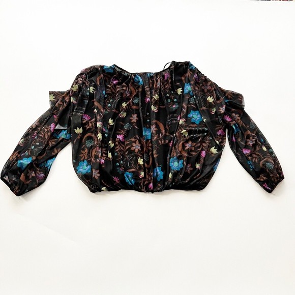 Free People Wildflower Honey Top Black Floral Cropped Peasant Mesh Sz Small - Picture 4 of 13
